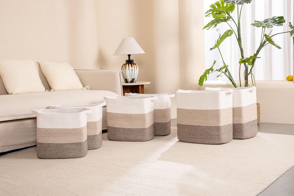 Storage Baskets for Clothes Fabric Cotton Rope Storage Basket with Handles, Decorative Woven Basket for Living Room,Closet Organizer Blankets, and 2bags (Gradient Brown, L17.8×W12.5×H17.9)
