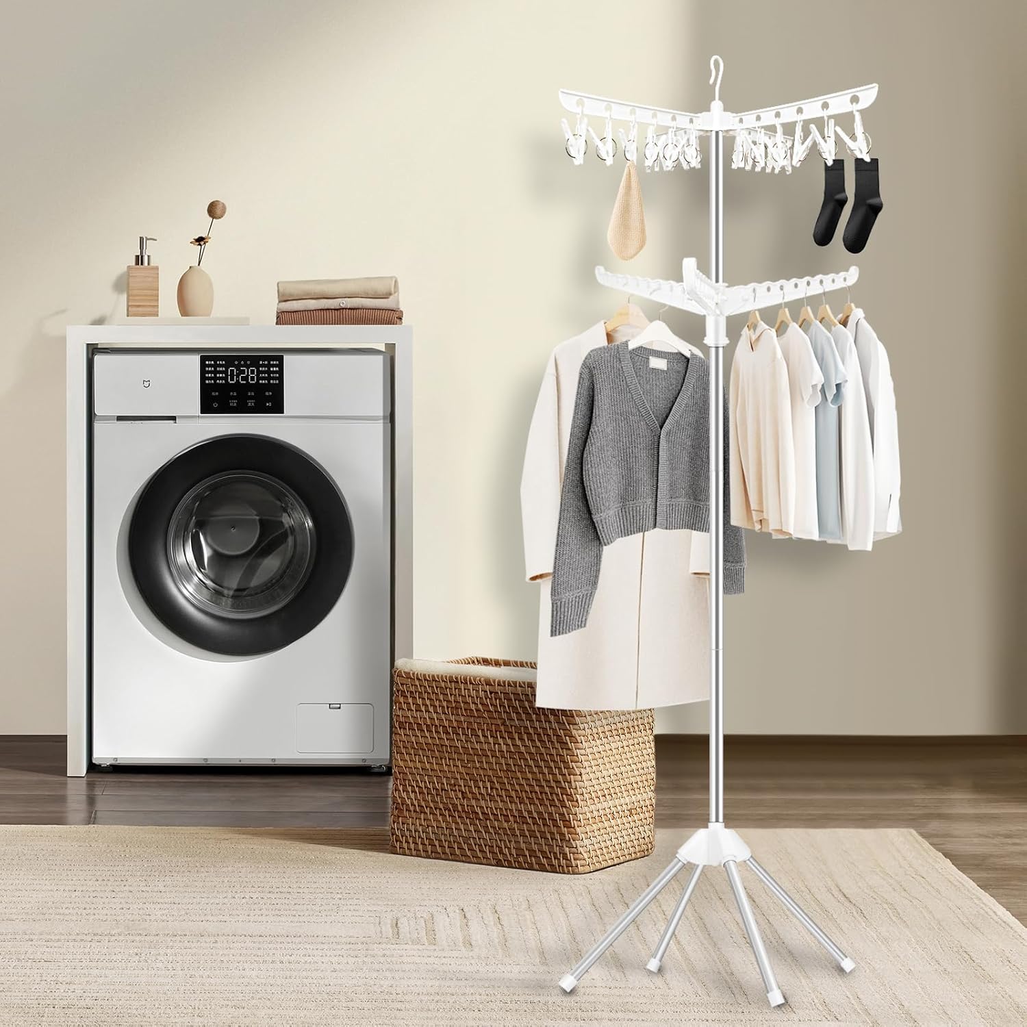 SUYU Clothes Drying Rack,Folding Clothes Drying Tree, 2 Layer with 24 Clips and 3 Rotatable Arms,66.9-Inch Indoor Clothes Rack,Stainless Steel,4 Legs,White and Silver SNJ102