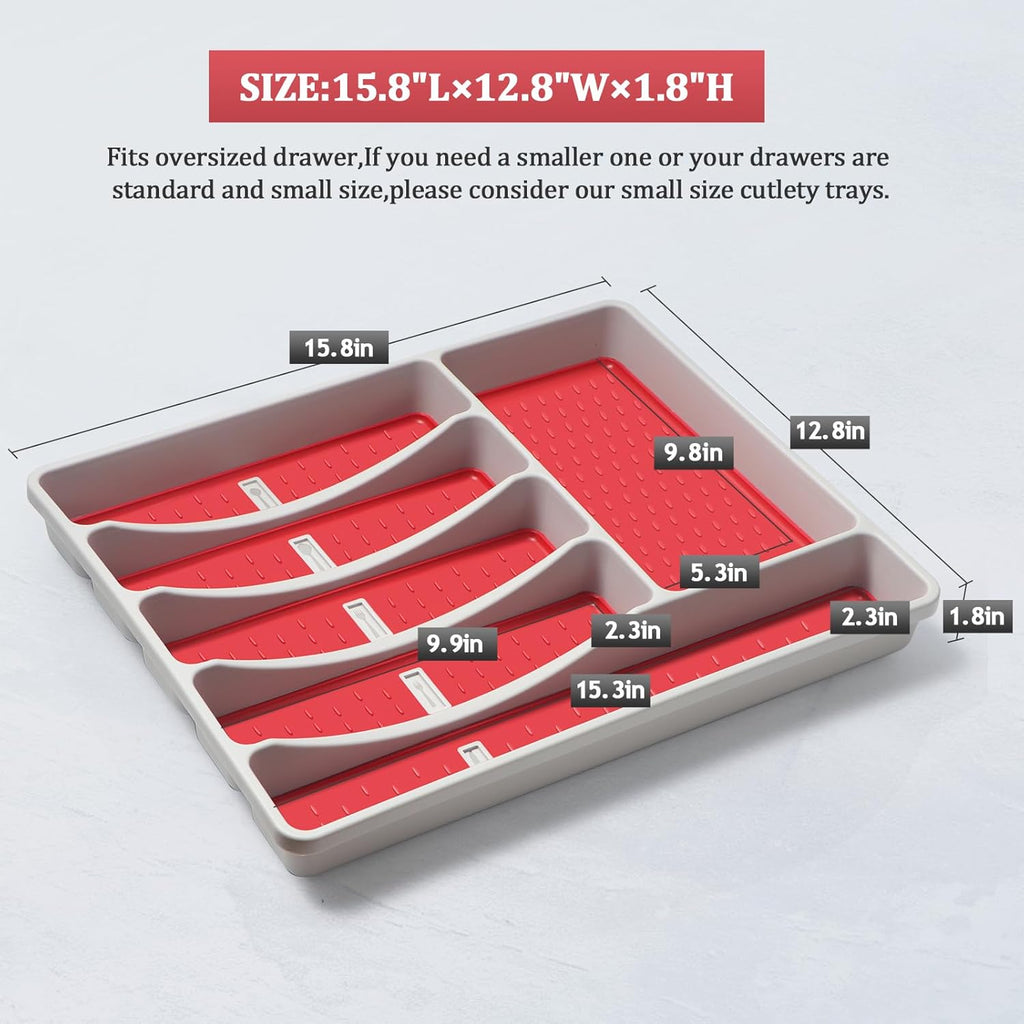 Silverware Organizer with Cutlery Icons，Silverware Tray for Kitchen Drawer，Plastic Flatware Tableware Cultery Drawer Organizer Utensil Organizer with Non-slip TPR Linings，6-Compartment