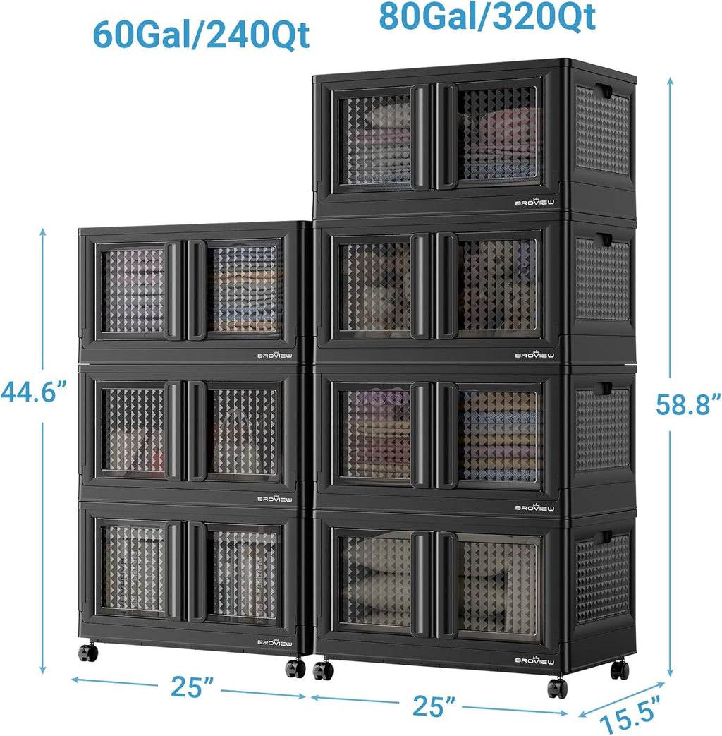BROVIEW 140Gal Stackable Storage Bins with Lids & Wheels, 560Qt Plastic Collapsible Closet Organizer and Storage Drawers, Storage Boxes Cabinets for Home, Office, 7 Pack, Black