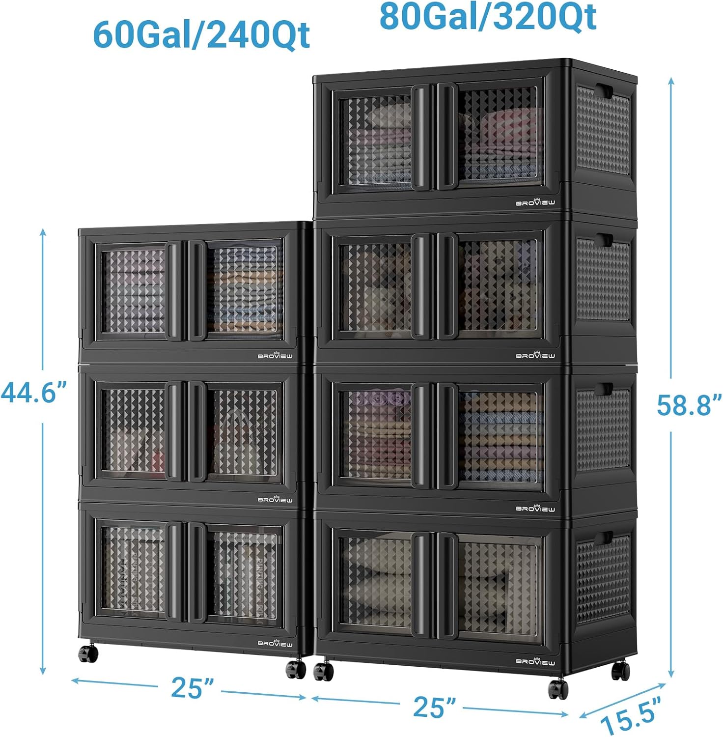 BROVIEW 140Gal Stackable Storage Bins with Lids & Wheels, 560Qt Plastic Collapsible Closet Organizer and Storage Drawers, Storage Boxes Cabinets for Home, Office, 7 Pack, Black