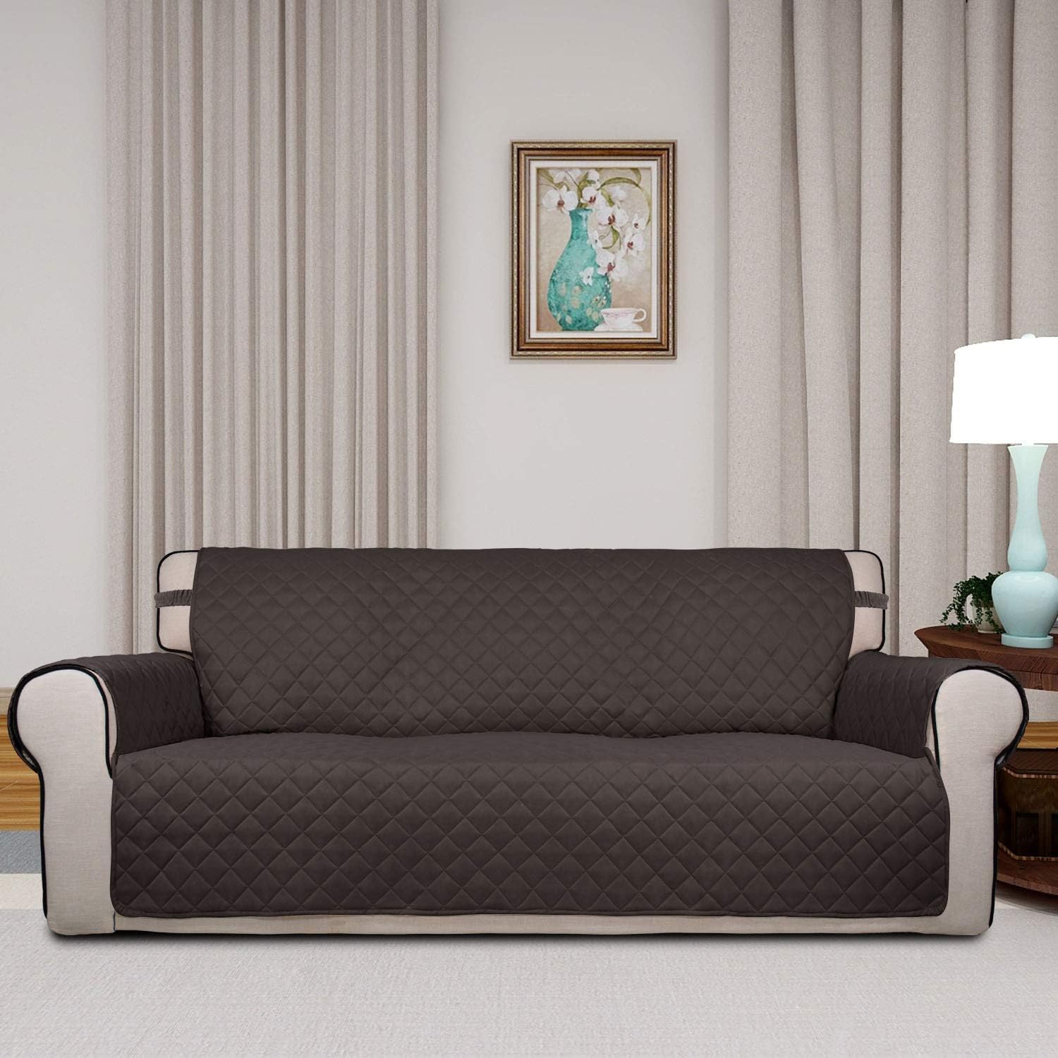 PureFit Reversible Quilted Sofa Cover, Water Resistant Slipcover Furniture Protector, Washable Couch Cover with Non Slip and Elastic Straps for Kids, Dogs, Pets (Sofa, Chocolate/Beige)