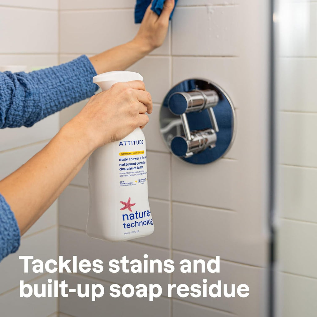 ATTITUDE Shower & Tile Cleaner, EWG Verified, Plant-Based & Vegan Bathroom Spray, Removes Soap Scum & Grime, Citrus Zest Scent, 27.1 Fl Oz