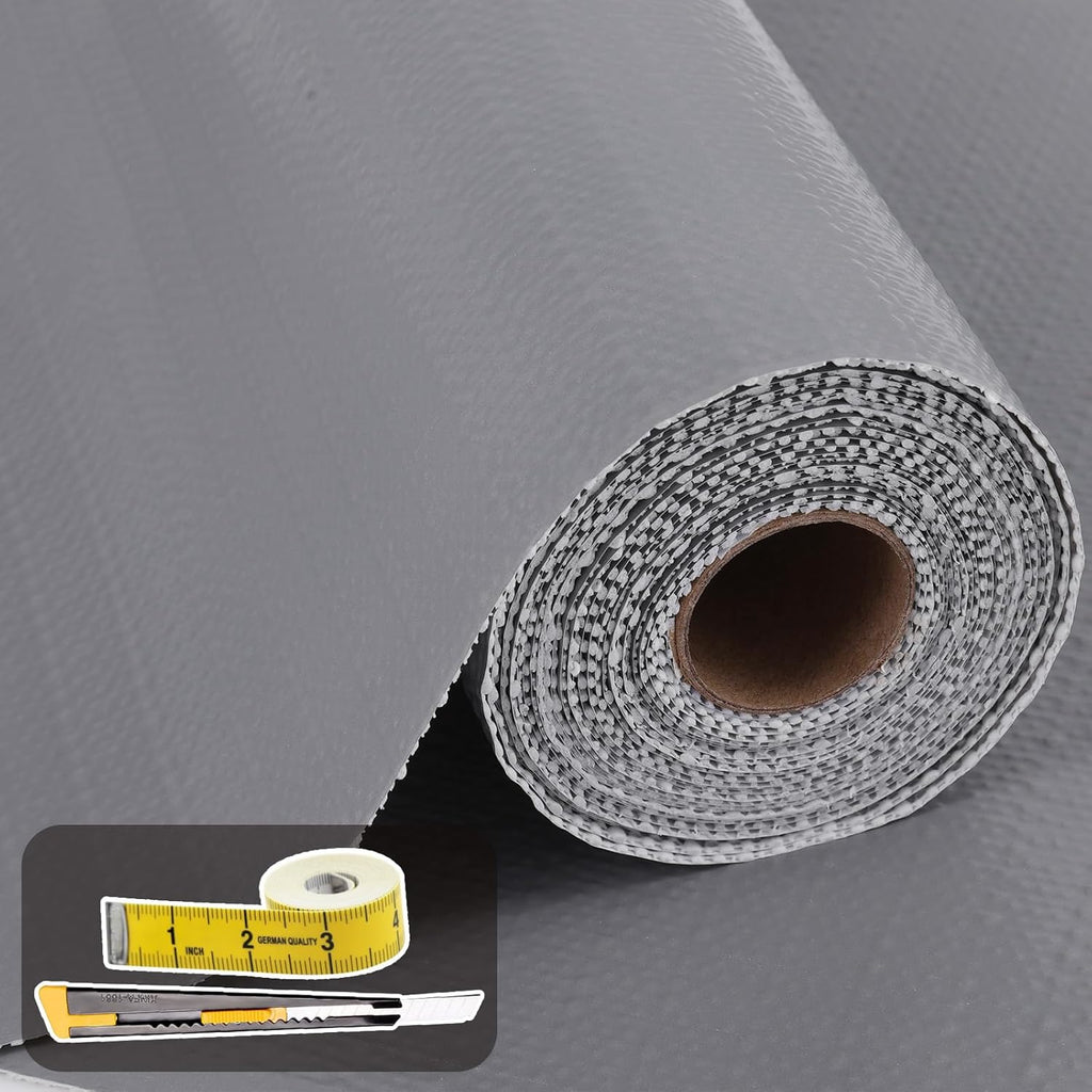 Shelf Liners for Kitchen Cabinets 23.6in x 30FT Non Adhesive Drawer Liner Grey Thickened Shelf Liner Paper Strong Non-Slip Easy to Clean for Tool Box Refrigerator with Knife and Tape Measure