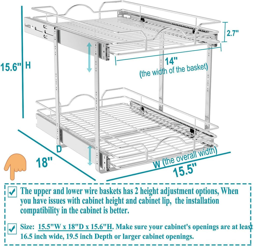 OCG 2 Tier Pull Out Cabinet Organizer (15.5" W x 18" D), Pull Out Drawers for Kitchen Cabinets, Pull Out Shelves for Base Cabinet Organization in Kitchen Bathroom Pantry, Chrome Finish