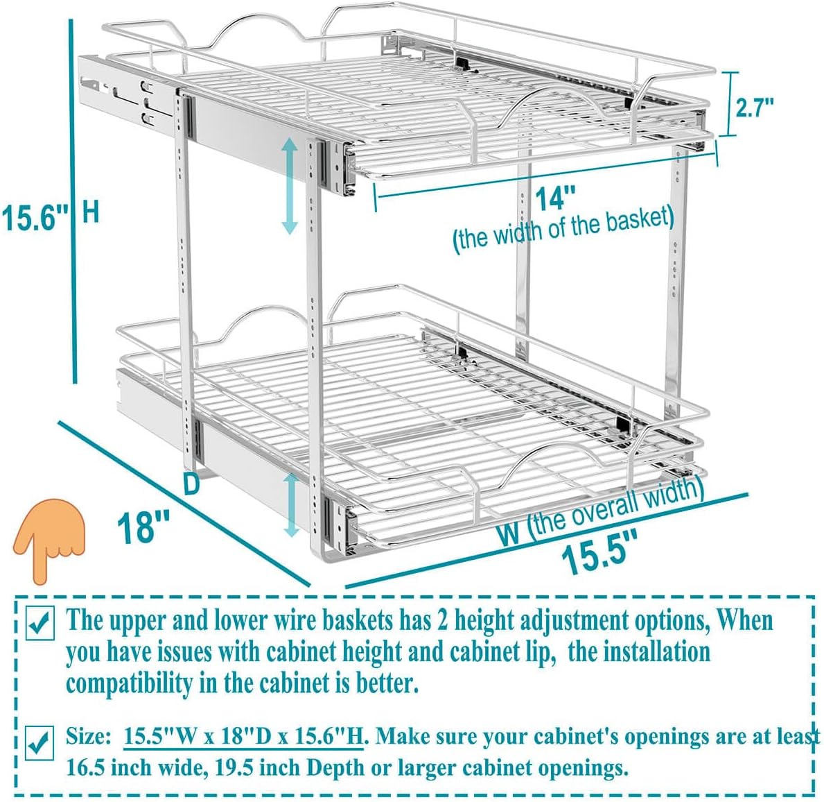 OCG 2 Tier Pull Out Cabinet Organizer (15.5" W x 18" D), Pull Out Drawers for Kitchen Cabinets, Pull Out Shelves for Base Cabinet Organization in Kitchen Bathroom Pantry, Chrome Finish