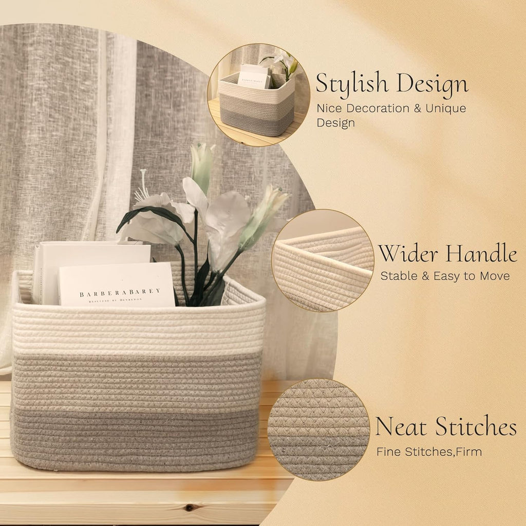 Hopegiver Woven Storage Baskets 15x11x10 Inch, 3 Pack Collapsible Cube Storage Bin for Shelves - Foldable Cotton Rope Organizer Bins for Towels, Toys, Books, Closet, Nursery (White Light-Gray Gray)