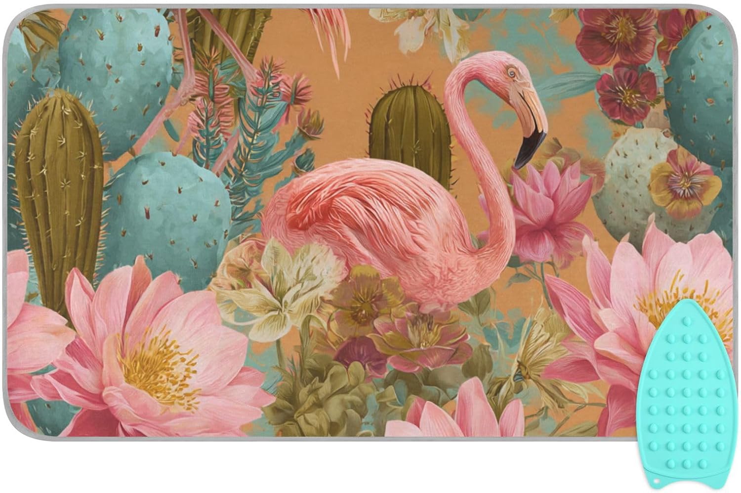 Ironing Mat Portable Ironing Pad Ironing Blanket for Table Top Heat Resistance Double-Side Using Travel Large 47.2 x 27.6 Inch Foldable Orange Flamingos and Green Cactus Flowers