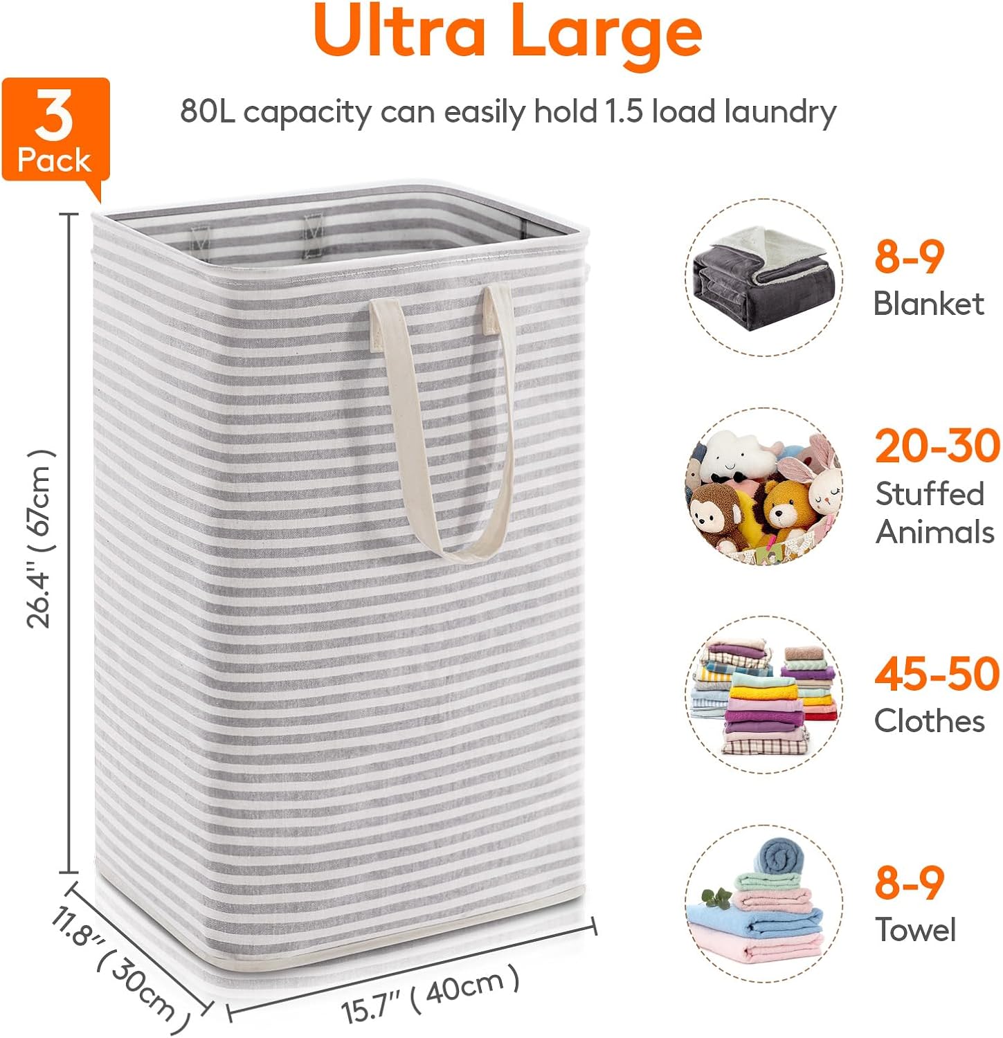 Lifewit 3 Pack Laundry Hamper Large Collapsible Laundry Baskets, Freestanding Waterproof Clothes Hamper with Easy Carry Handles in Laundry Room Bedroom Bathroom College Dorm for Adults, Gray, 3 x 80L