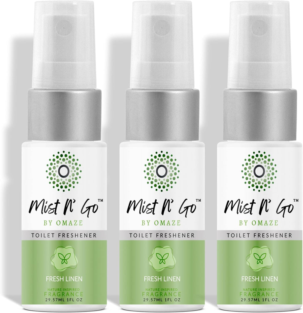Mist N' Go by Omaze Travel Bathroom Spray - Toilet Odor Eliminator & Air Freshener - Fresh Linen (1oz x3)