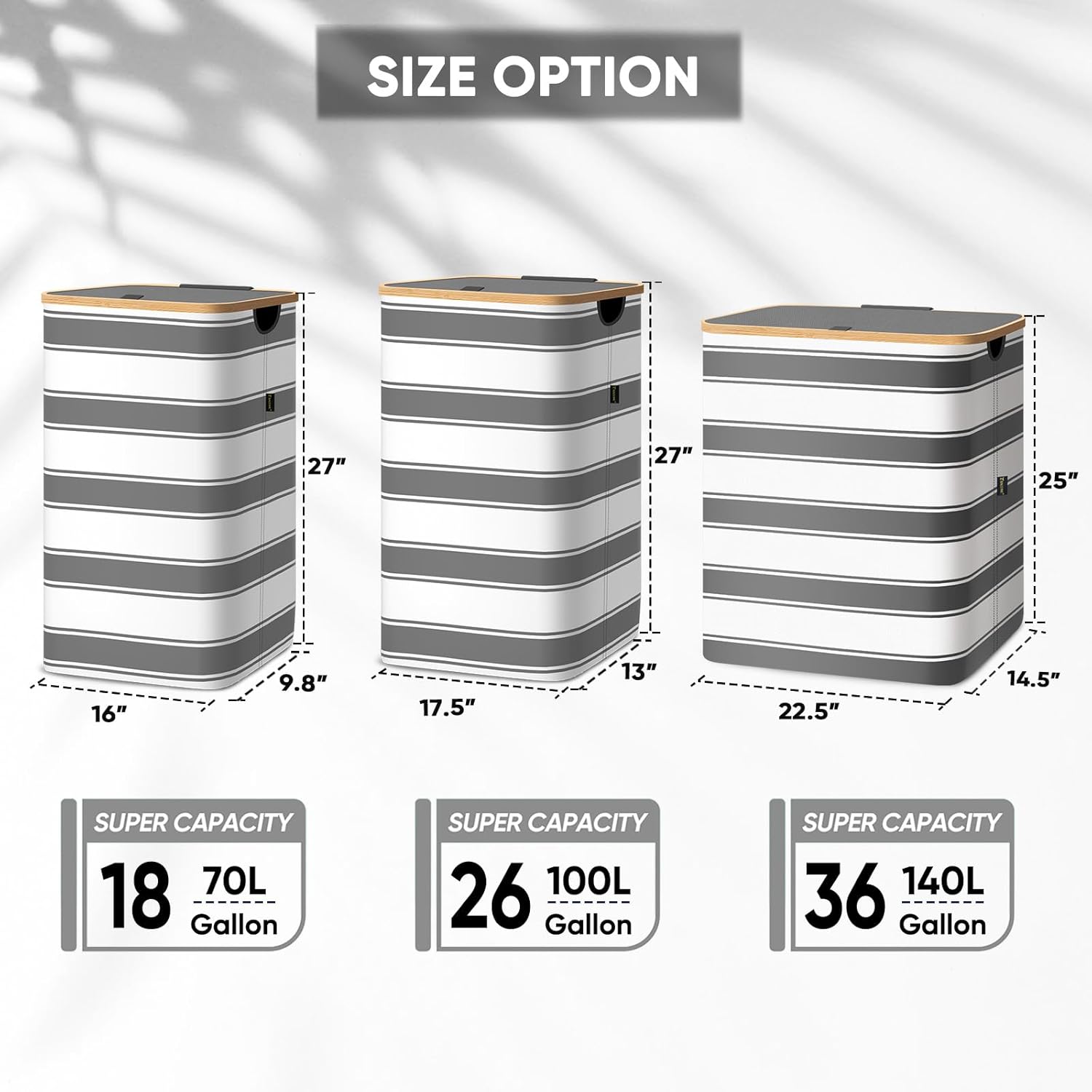 BALEINE Laundry Hamper with Lid, Tall Laundry Baskets with Bamboo Pull Handles, Large Laundry Bin with Internal Support (18 Gal/70L, Grey Stripe)
