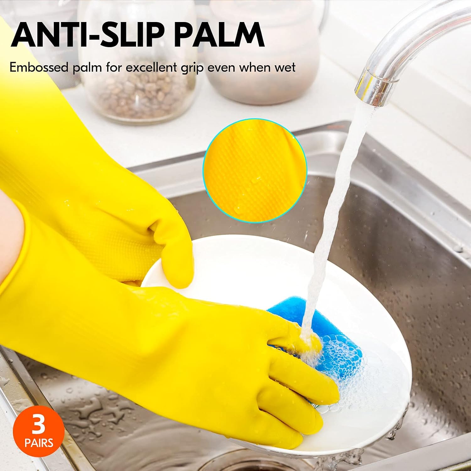 Vgo... 3-Pairs Reusable Household Gloves, Rubber Dishwashing gloves, Extra Thickness, Long Sleeves, Kitchen Cleaning, Working, Painting, Gardening, Pet Care (Size S, Yellow, HH4601)