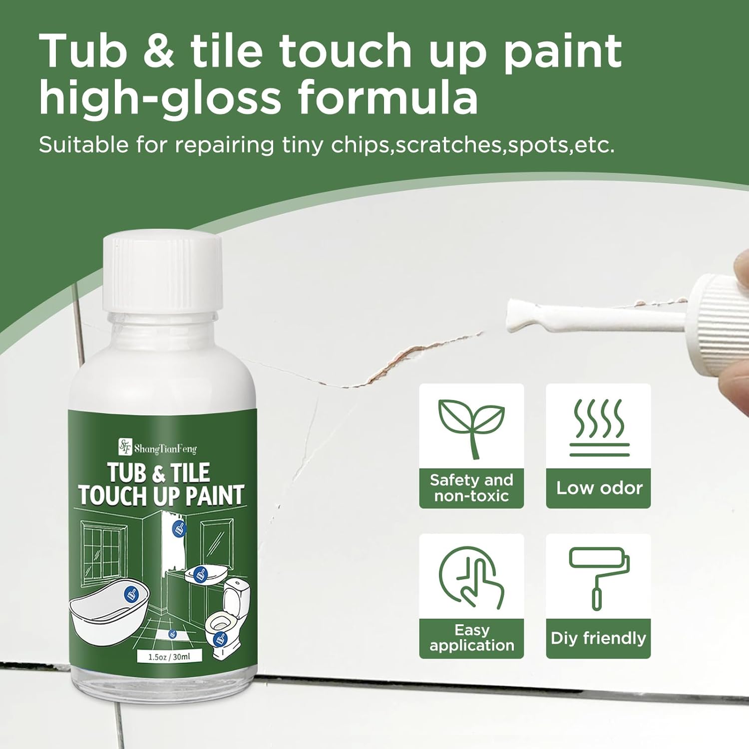 Universal Gloss White Touch Up Paint for Ceramic/Porcelain/Tile - Repair Pen Works on Kitchen Backsplash, Shower Walls, Counter Edges - No Primer Needed, Dries in 20 Minutes（1.5 Oz