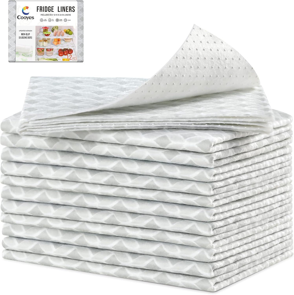 Cooyes 12 Pack Large Refrigerator Liners 17.7" x 36", Absorbent Strong Grip Fridge Liners Washable, Fridge Shelf Liner for Kitchen Cabinets, Non-Adhesive Refrigerator Bin Liners and Mats