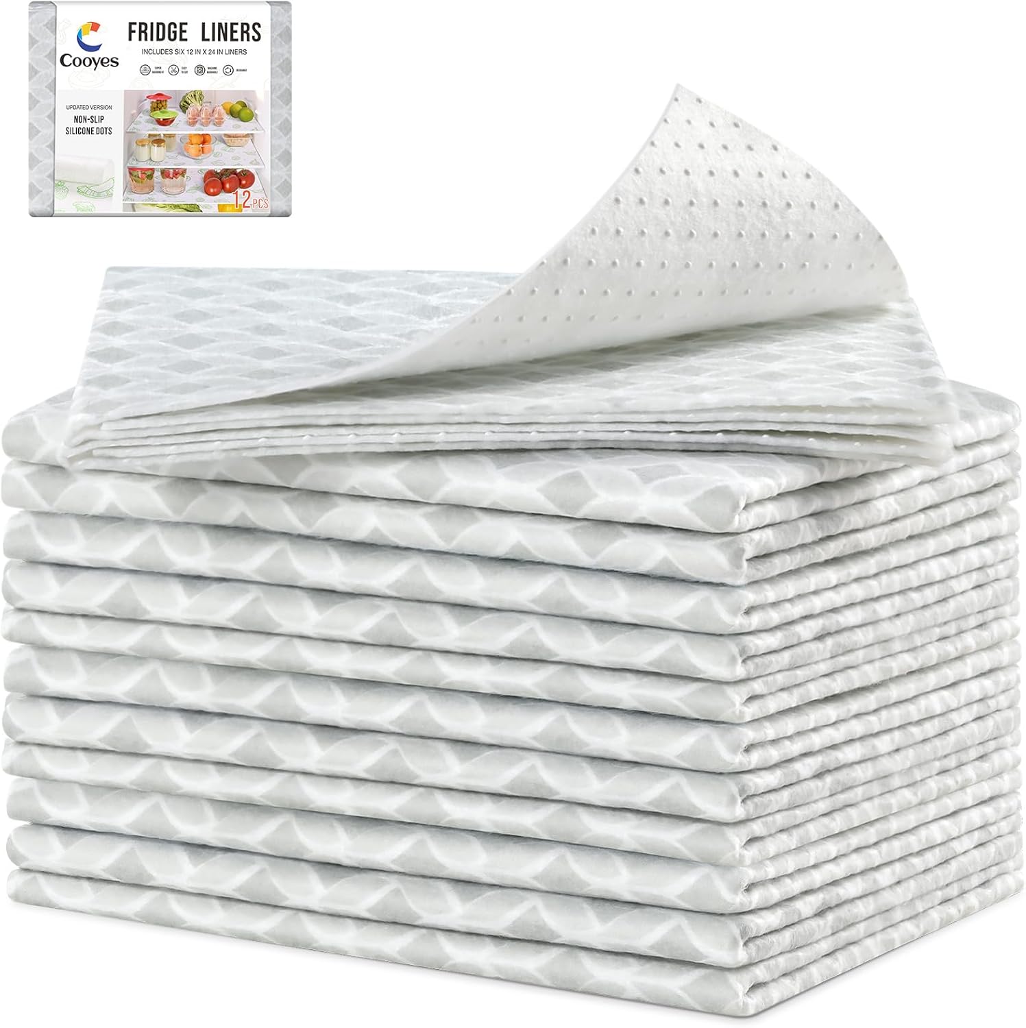Cooyes 12 Pack Large Refrigerator Liners 17.7" x 36", Absorbent Strong Grip Fridge Liners Washable, Fridge Shelf Liner for Kitchen Cabinets, Non-Adhesive Refrigerator Bin Liners and Mats