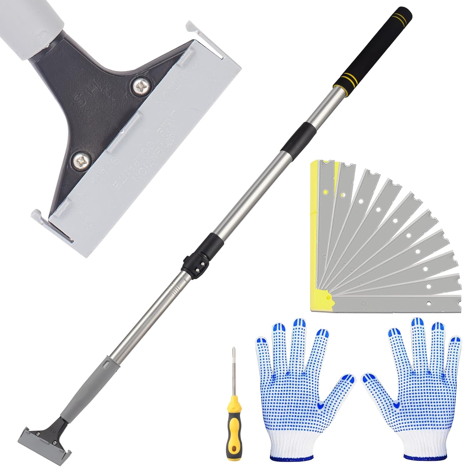 Floor Scraper Telescopic, 38 to 52in 4Inch Razor Blade Floor Scrapers Long Handle Heavy Duty Extension Pole Metal Paint Scraper with 10PCS Extra Metal Blades Paint Scraper (Gray, 4Feet)
