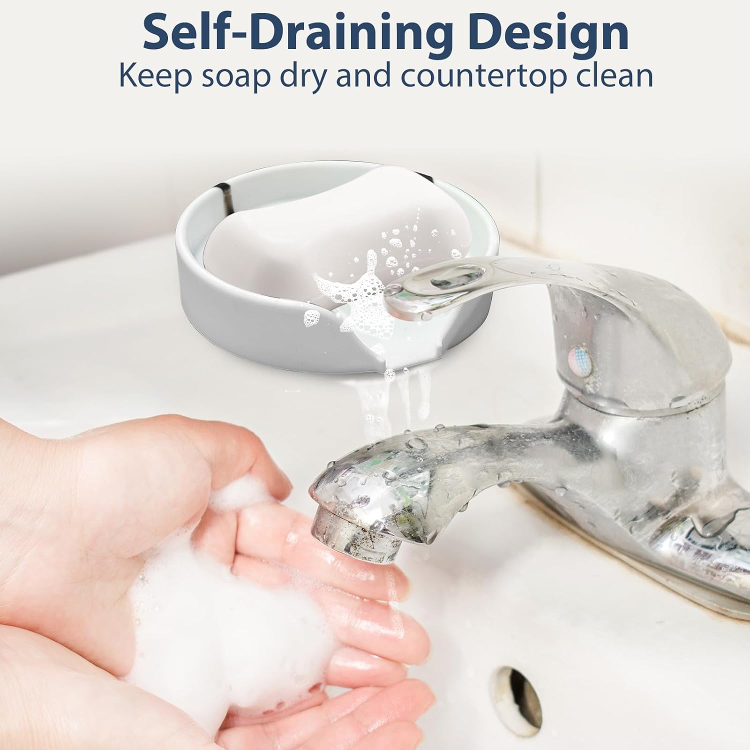 Self Draining Soap Dish, Silicone Suction Cup Soap Holder Tray Savers Container Sponge Holder for Bar Bathroom Shower Kitchen Sink, Can Extend Soap Life (2, White)