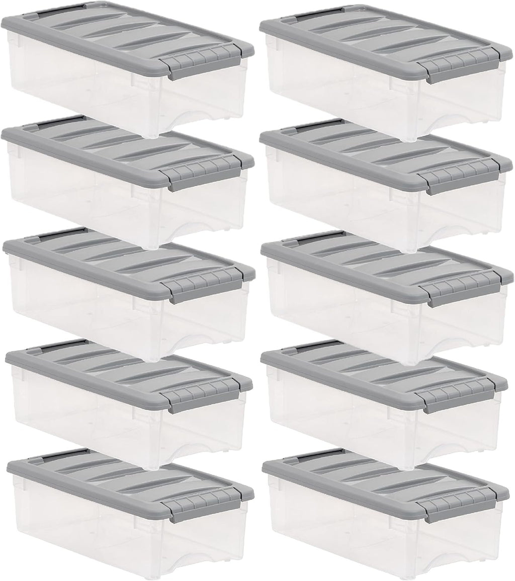 Amazon Basics Plastic Storage Containers with Secure Latching Lids, Stackable Organization Bins, Clear/Grey, 5 Quart, Set of 10