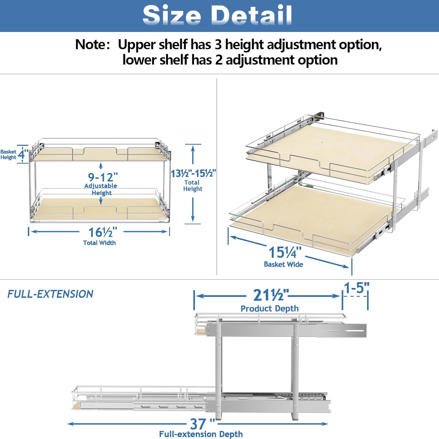 ROOMTEC 2 Tier Individual Pull Out Cabinet Organizer 16½"W x 21½"D, Slide Out Wood Shelves Organizers, Pull Out Drawers Organization and Storage for Kitchen Cabinet