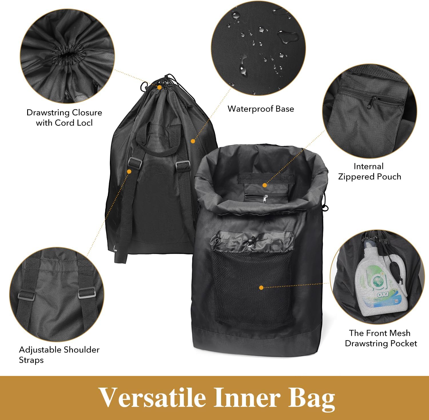 60L 2-in-1 Laundry Hamper with Laundry Backpack, Waterproof Basket with Lid, Laundry Bag with Shoulder Straps and Mesh Pocket, Hamper for College Dorm, Travel, Apartment, Laundromat