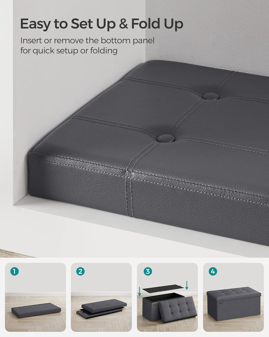 SONGMICS Mazie Collection - 30 Inches Folding Storage Ottoman Bench, Ottoman with Storage, Foot Rest Stool, Load 660 lb, for Living Room, Synthetic Leather, Dark Gray ULSF040G01