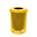 Coated Outdoor Furniture 32-Gallon Heavy-Duty Punched Steel Round Trash Receptacle, Commercial Outdoor Waste Bin with Liner & Black Flat Top Lid – Made in America (Textured Yellow)