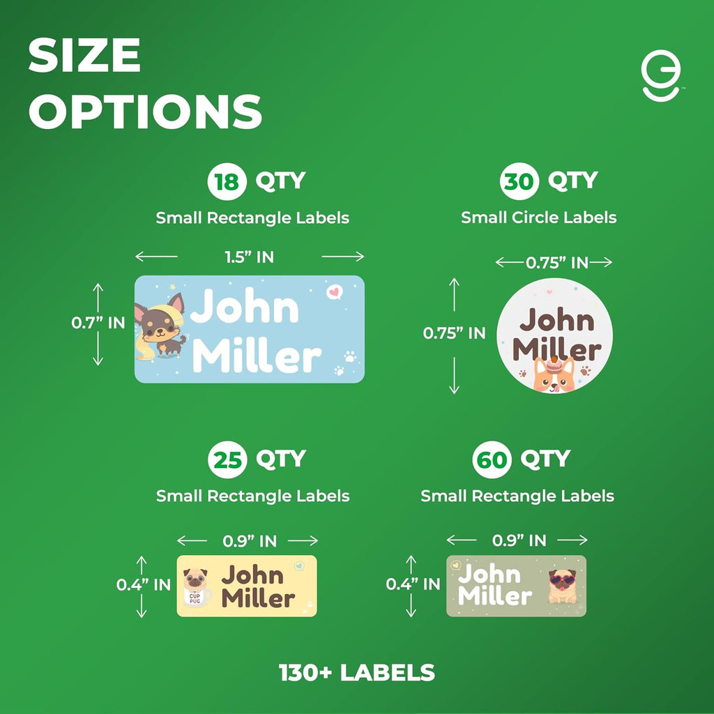 Personalized Name Tag Stickers for Kids (130+ Pack) | Dog Waterproof Labels for School Supplies, Bottles & Lunch Boxes | Custom Vinyl Name Labels for Clothing, Toys & More (G. Dogs)