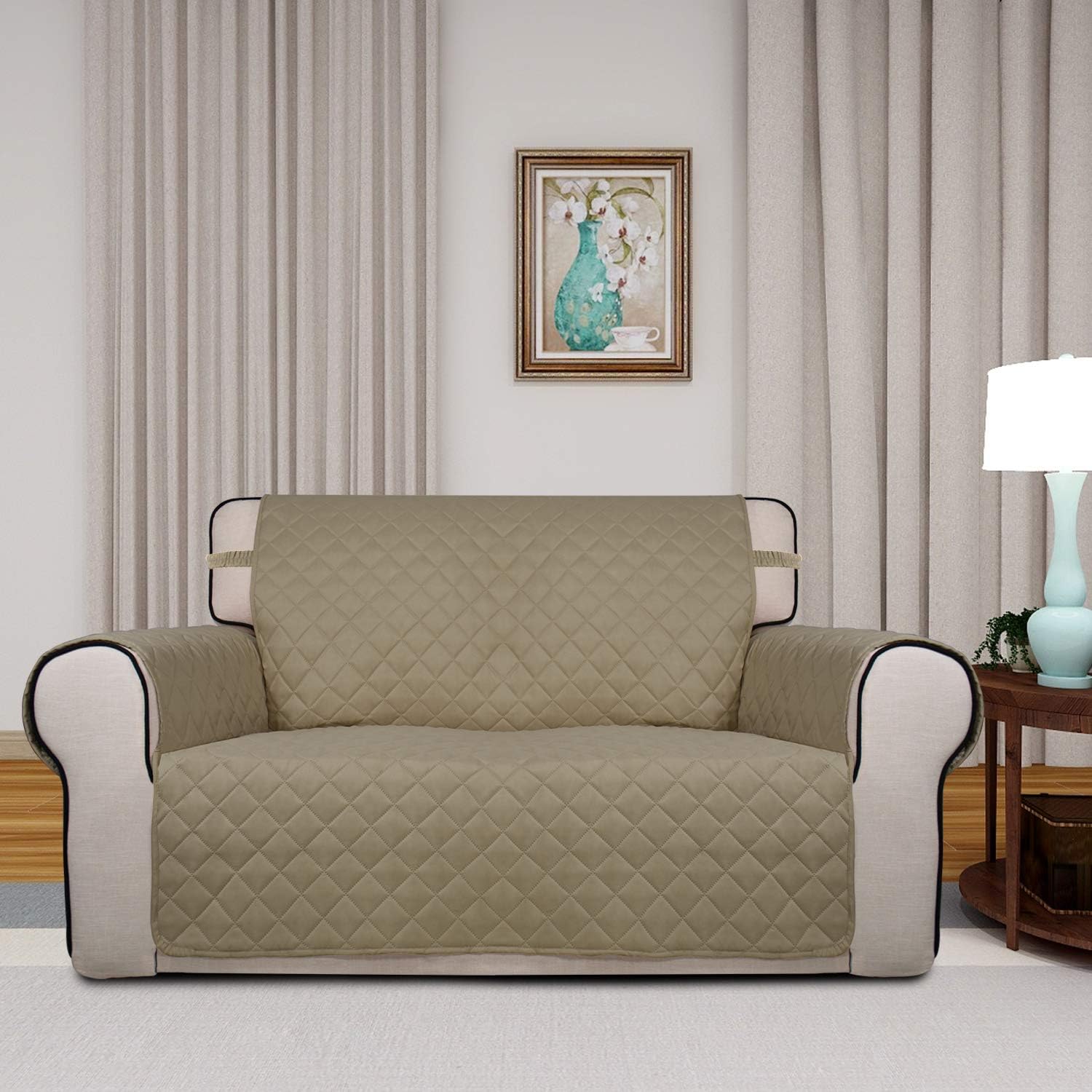 PureFit Reversible Quilted Sofa Cover, Water Resistant Medium Slipcover Furniture Protector, Washable Couch Cover with Non Slip Foam and Elastic Straps for Kids, Dogs, Pets (Loveseat, Beige/Beige)