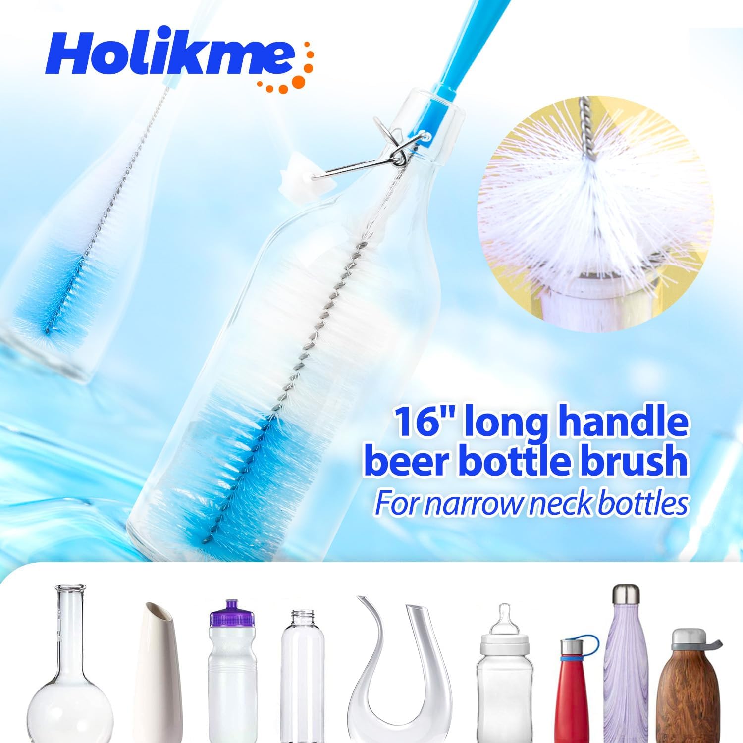 Holikme Bottle Brush Tube Cleaning Lab Set with Long Handle, Cup Cleaner for Washing Narrow Neck Beer Wine Decanter Pipes Lids Sinks Cap Covers, Green