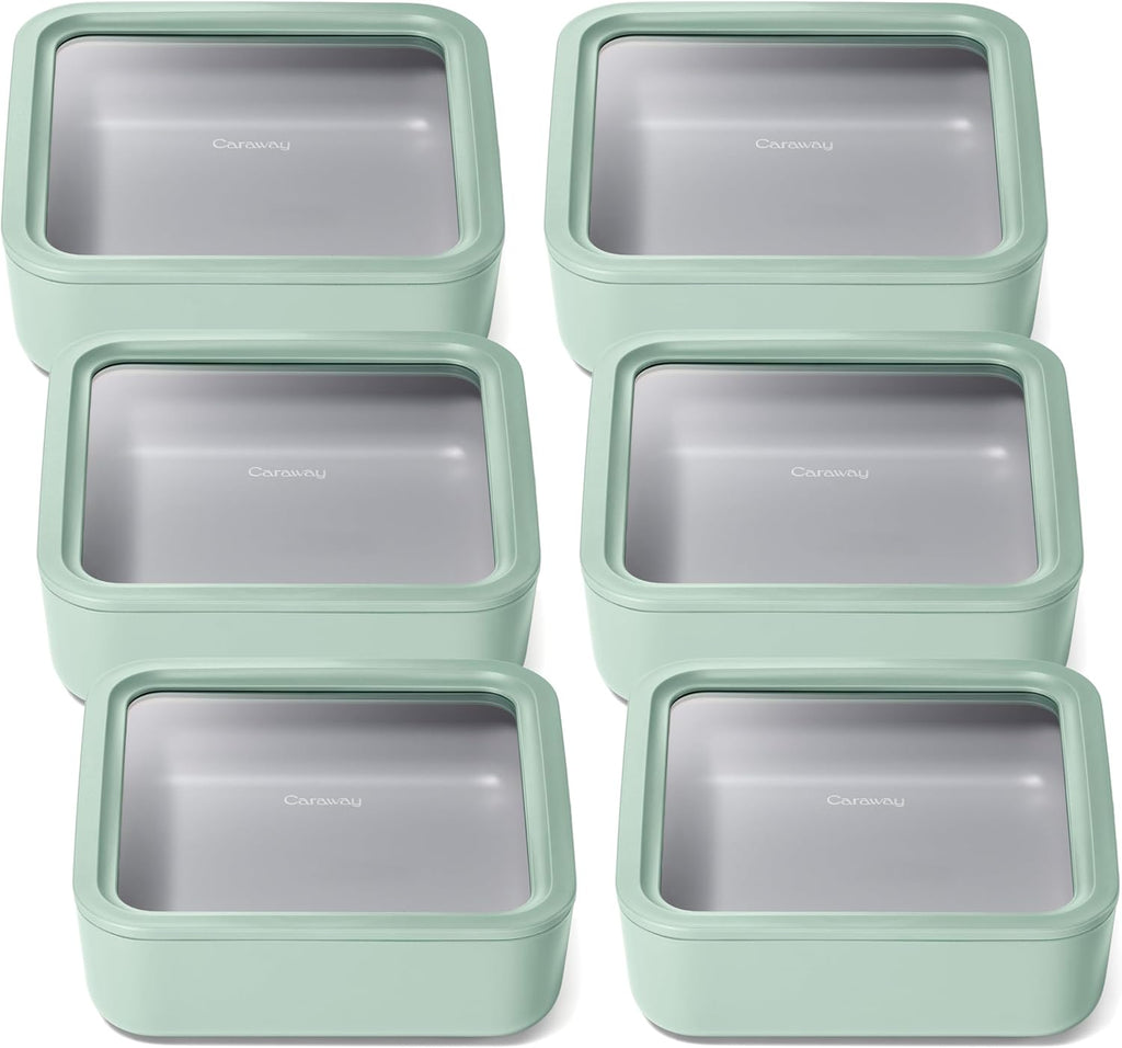 Caraway 6pc Glass Food Storage Set – 10 Cup Food Containers (6) - Ceramic Coated - Non Toxic, Non Stick with Lids - Microwave Safe - Mist