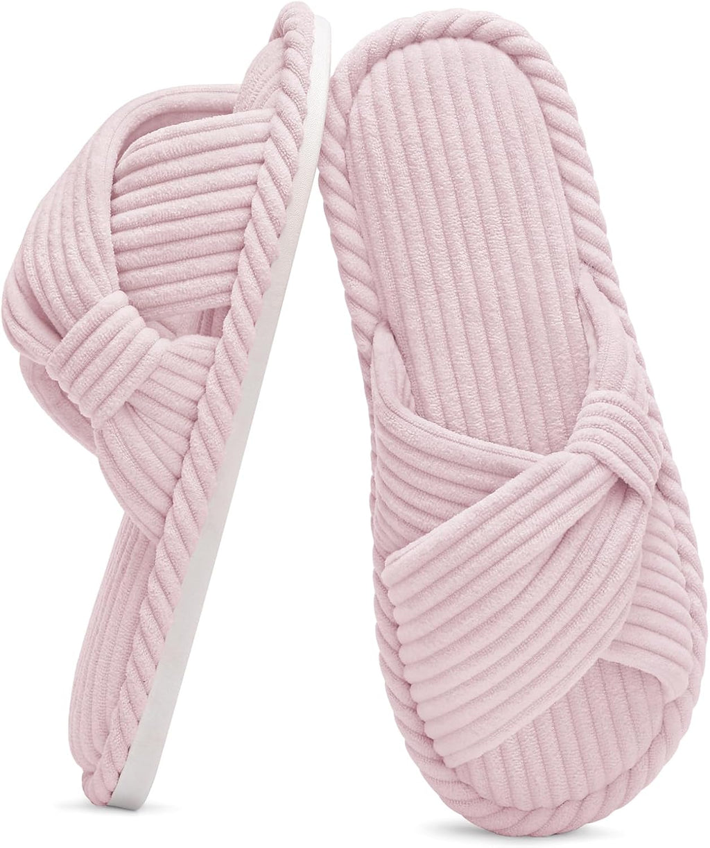 Evshine Summer House Slippers for Women Corduroy Cross Bow Indoor Slippers Open Toe Slip On Bedroom Shoes with Memory Foam