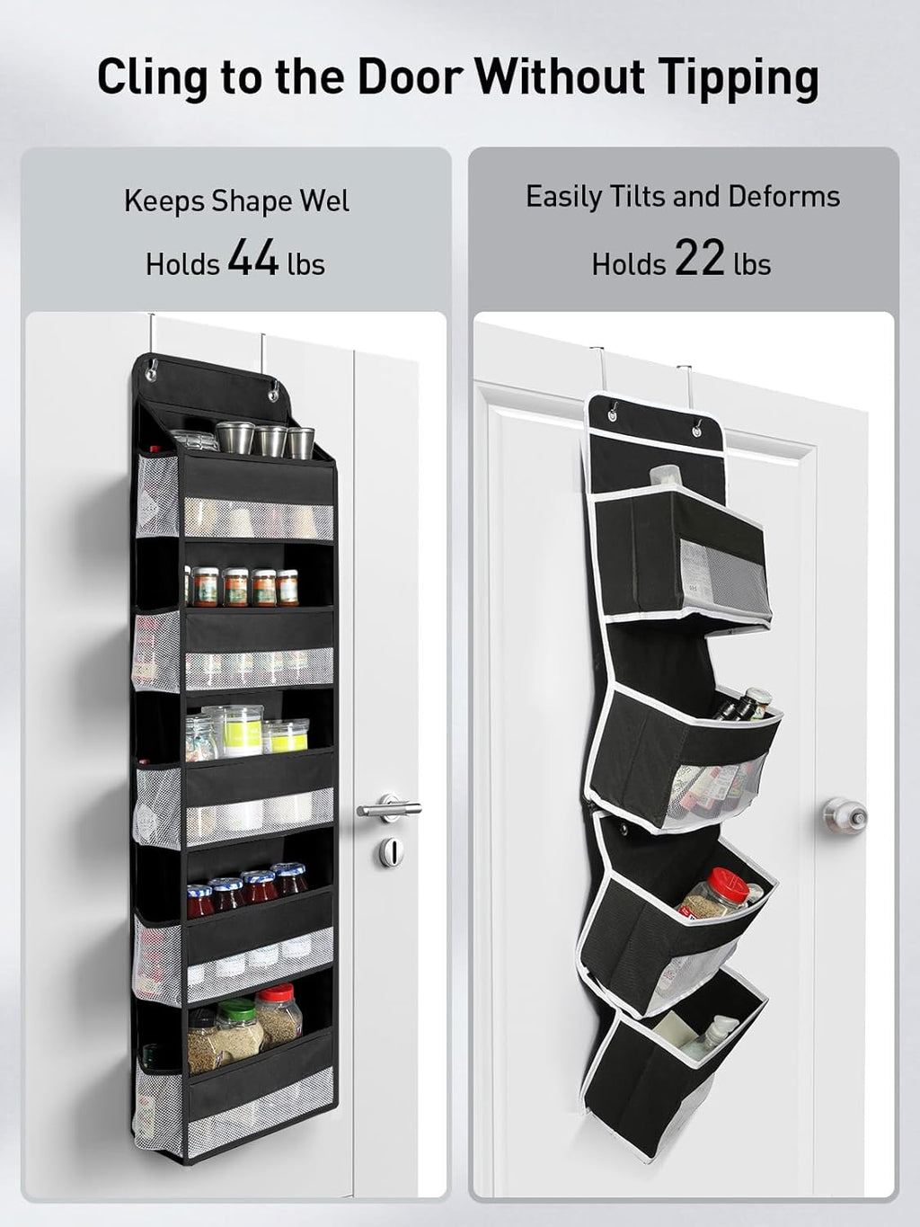 Yecaye 1 Pc Over the Door Organizer with 5 Bins 10 Side Pockets, 44lbs Load Hanging Bathroom and Bedroom Organizer, behind the Door Hanging Organizers for Nursery Newborn Baby Essential Stuff Black