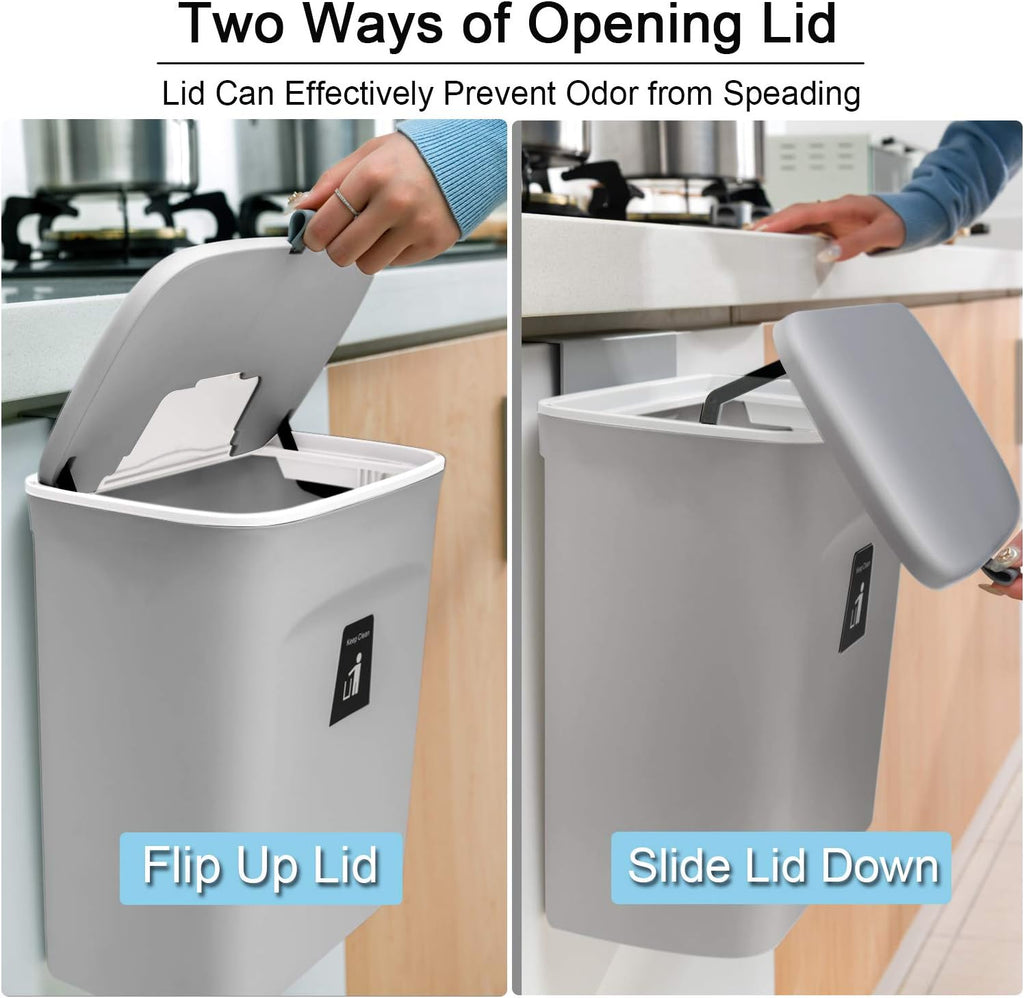Tiyafuro 2.4 Gallon Kitchen Compost Bin for Counter Top or Under Sink, Hanging Small Trash Can with Lid for Cupboard/Bathroom/Bedroom/Office/Camping, Mountable Indoor Compost Bucket, Gray