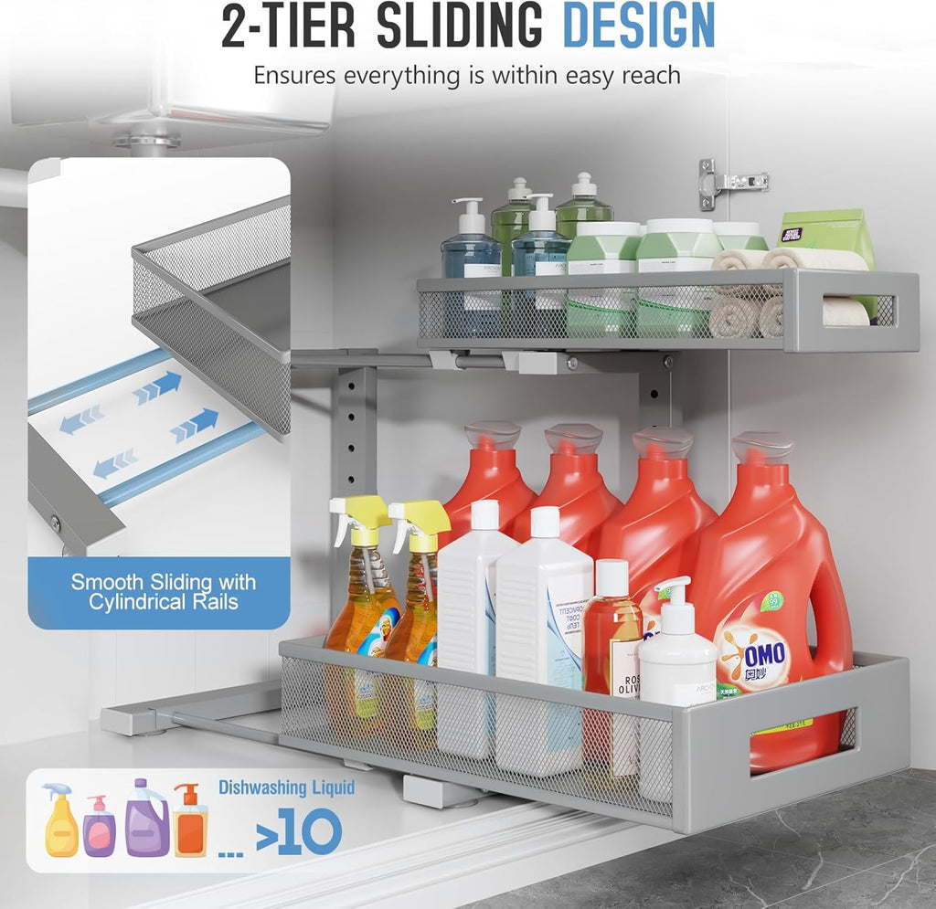 1 Pack-11.4"-16.14" H Under Sink Storage Organizer, Large 2-Tier Elegant Mesh Pull Out Shelf for Kitchen & Bathroom Cabinet Organization, L-Shaped, Adjustable Height-Gun Gray