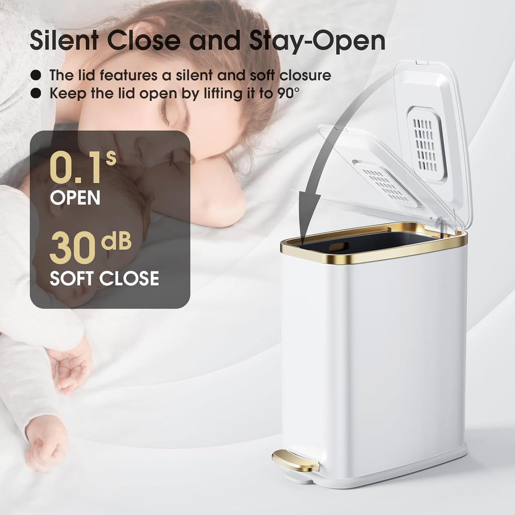CEROELDA Small Bathroom Trash Can with Lid Soft Close-5L/1.3 Gal Slim Garbage Can-Metal Step Wastebasket-Rectangle Narrow Waste Bin for Office, Bedroom, Toilet, Live Room (White)