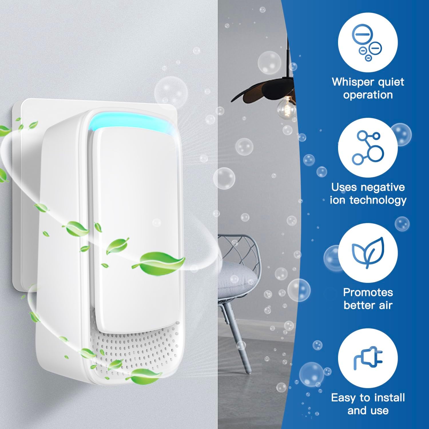 Plug In Air Ionizers - Negative Ion Technology Air Purifier - Quiet Operation Air Freshener for Home, Bedroom, Office, Garage Room - Portable Air Purifiers Odor,Pets Smell - Air Cleaner White (2 Pack）