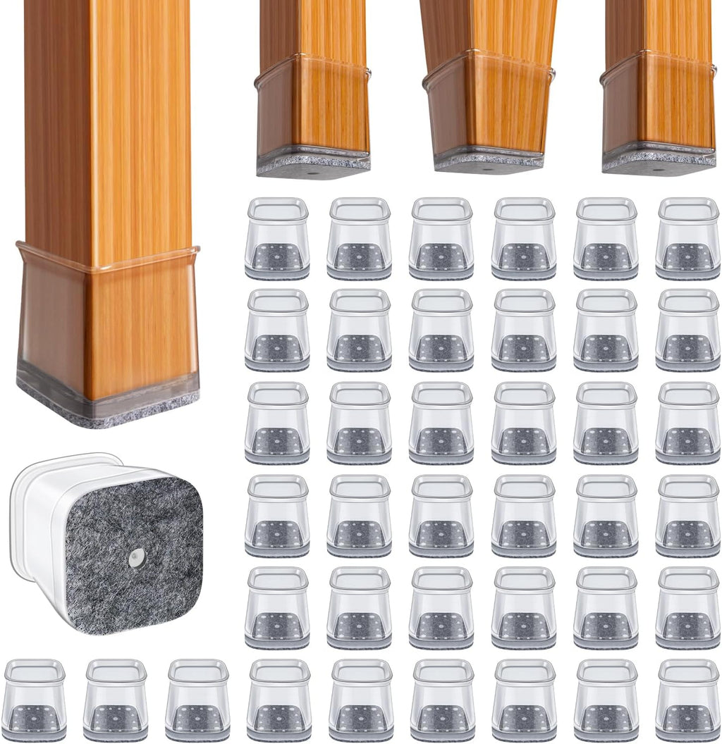 BUMACO Chair Leg Floor Protectors Square Chair Leg Protectors for Hardwood Floors Silicone Pads Covers to Protect Floors Clear-40 Pcs Square L (1-1/16" to 1-5/8")