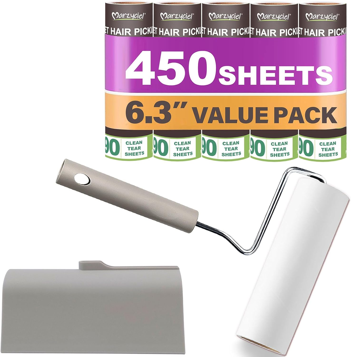 Extra Sticky Large Surface Lint Roller, 6.3'' Giant Lint Roller for Pet Hair, 450 Sheets/ 5 Refills, Long Handle Lint Remover for Clothes, Furniture, Dog & Cat Hair Remover