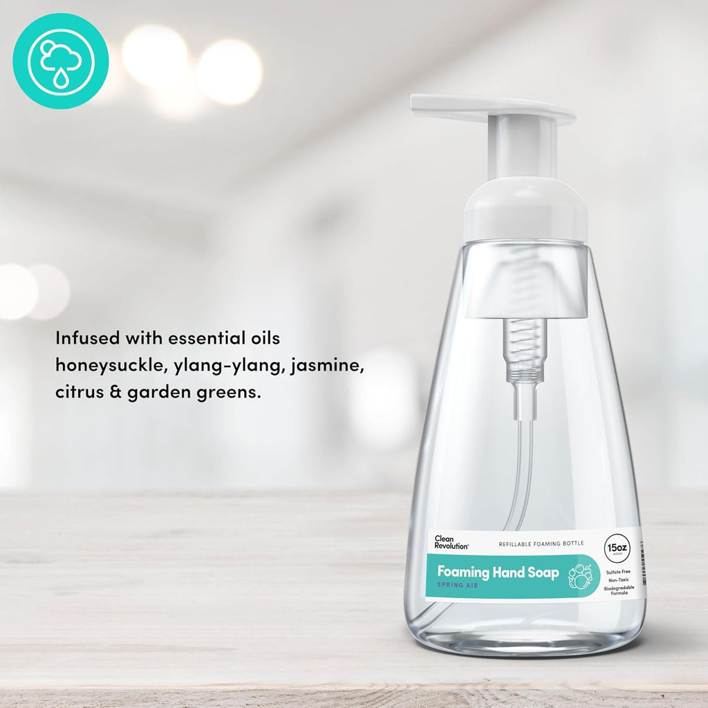 Clean Revolution Ready to Use Foaming Hand Soap | Three Pack | Jumbo 15oz Bottles | Gentle, Moisturizing & Eco-Friendly | Real Essential Oils | Spring Air | 45 Total Fl Oz, Clear