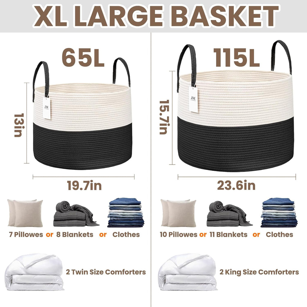 Woven Blanket Basket,115L Large Rope Storage Bin with Handles, Organizer for Blankets Toys Book and Clothes, Laundry Basket for Living Room Bedroom Nursery,White&Black