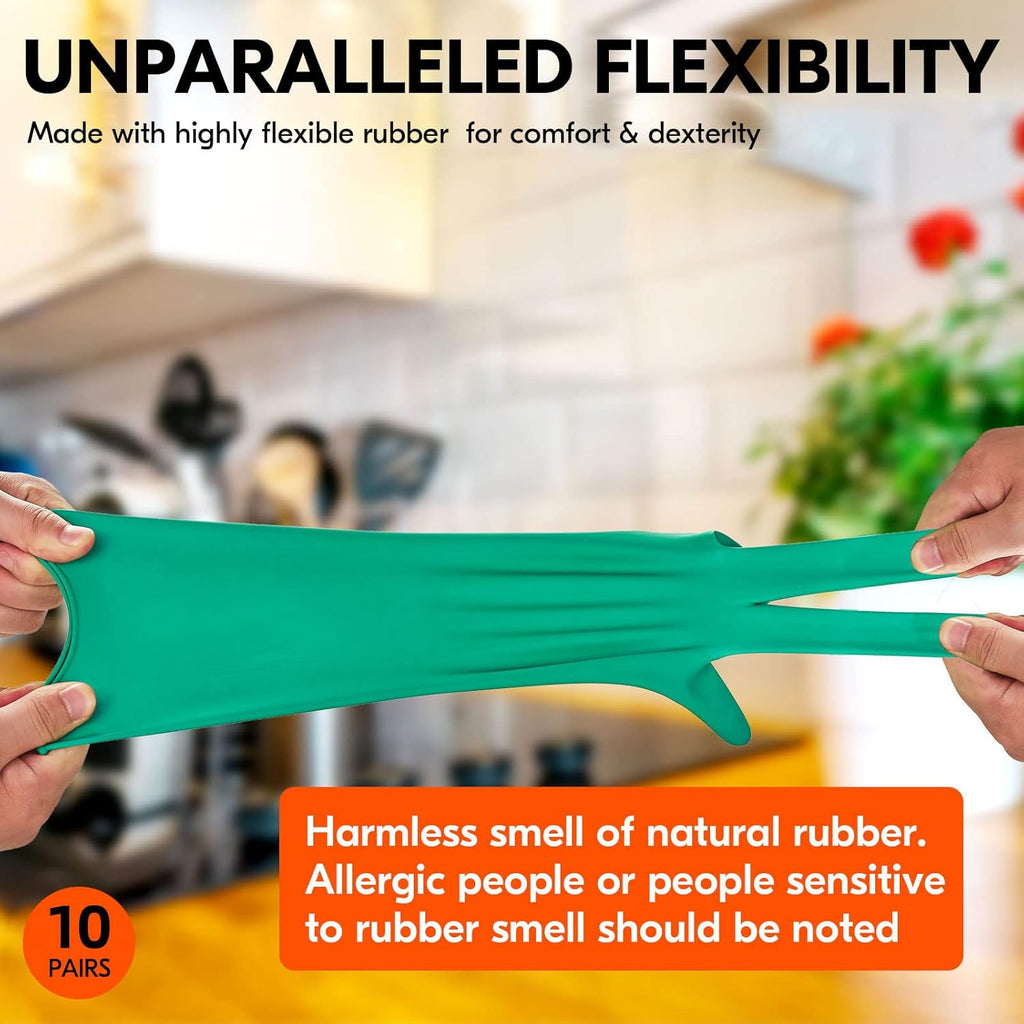 Vgo... 10-Pairs Reusable Household Gloves, Rubber Dishwashing gloves, Extra Thickness, Long Sleeves, Kitchen Cleaning, Working, Painting, Gardening, Pet Care (Size S, Green, HH4601)