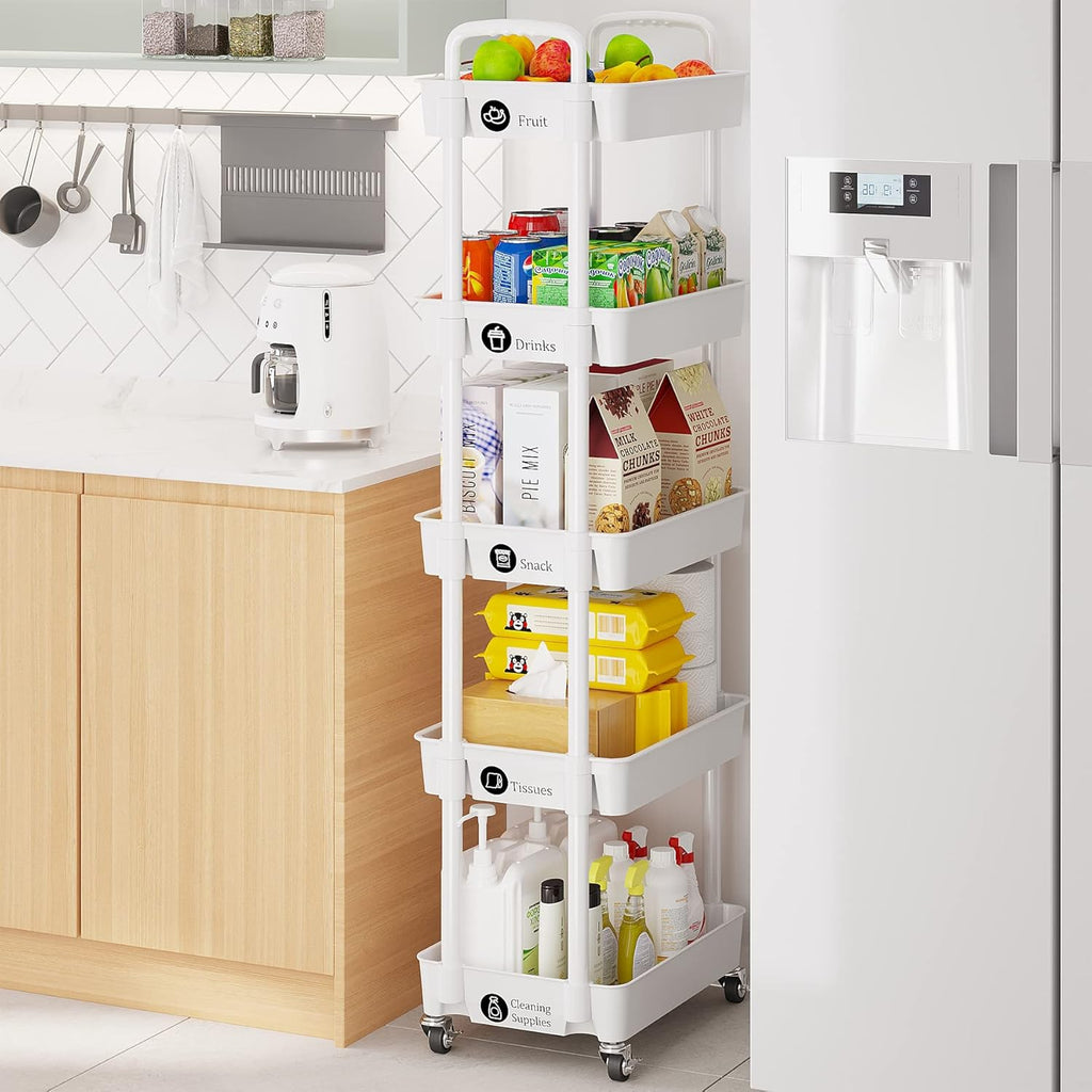 Laiensia 5-Tier Rolling Cart with Wheels,Multifunction Utility Storage carts, Kitchen Storage Organizer,Mobile Shelving Unit for Bathroom,Laundry,with Classified Stickers,White
