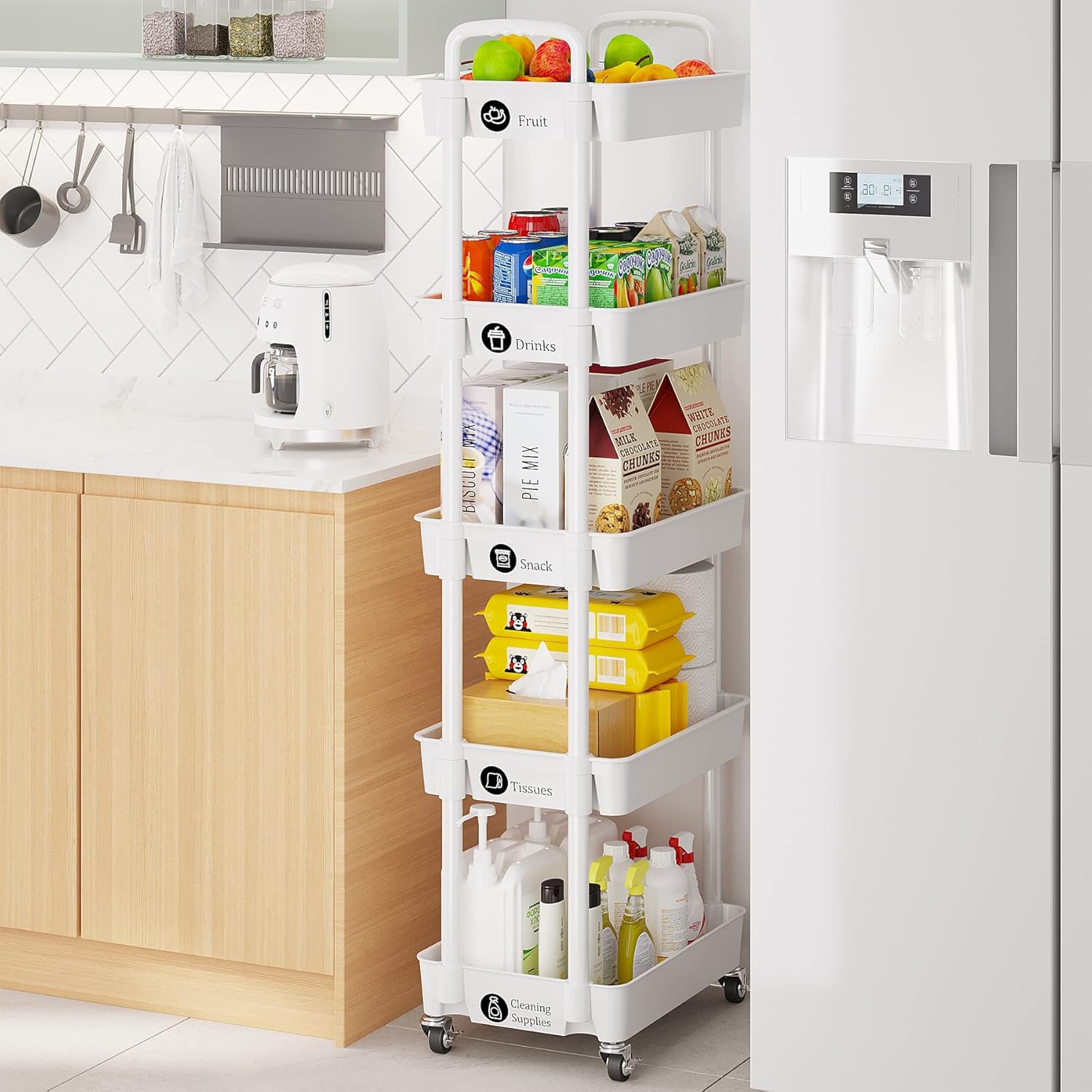 Laiensia 5-Tier Rolling Cart with Wheels,Multifunction Utility Storage carts, Kitchen Storage Organizer,Mobile Shelving Unit for Bathroom,Laundry,with Classified Stickers,White
