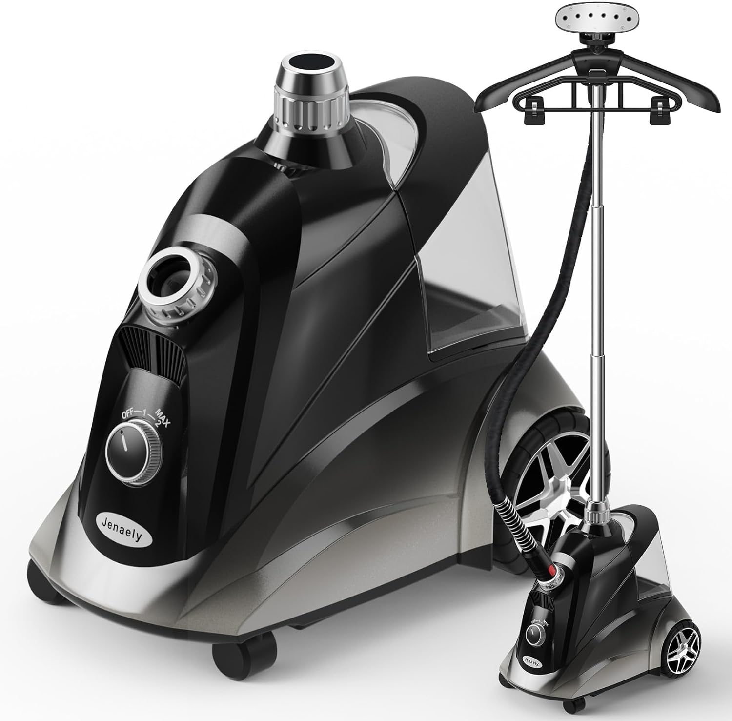 Steamer for Clothes, Jenaely 1500W Standing Garment Steamers, 35s Fast Heat-up, 80 Mins of Continuous Powerful Steam with 2.8L Water Tank, Pants Clip & Children's Clothing Hanger