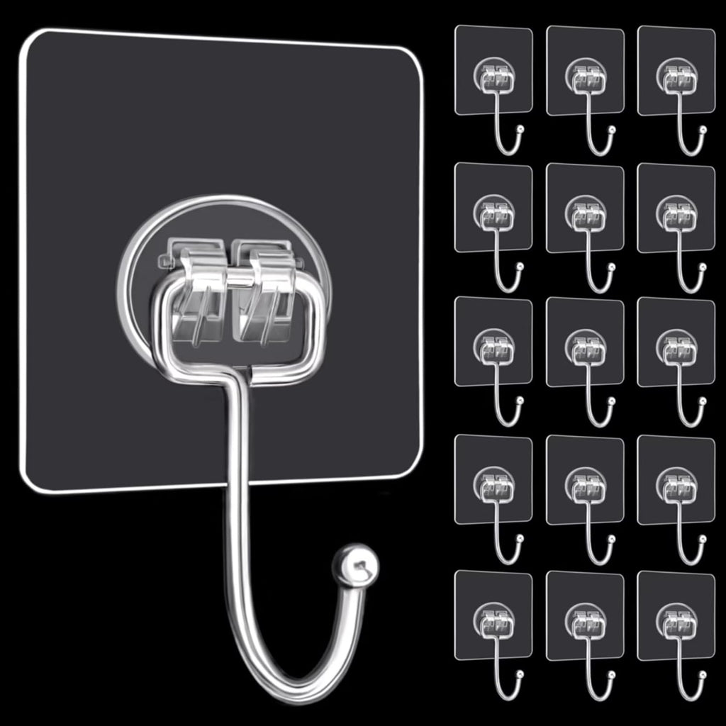 DKHDBD Large Adhesive Hooks, 16-Pack Hold 33lb(Max) Heavy Duty Sticky Hooks, Waterproof Transparent Hooks for Hanging, Self-Adhesive Traceless Clear Wall Hooks to Use for Keys Robe & Towel