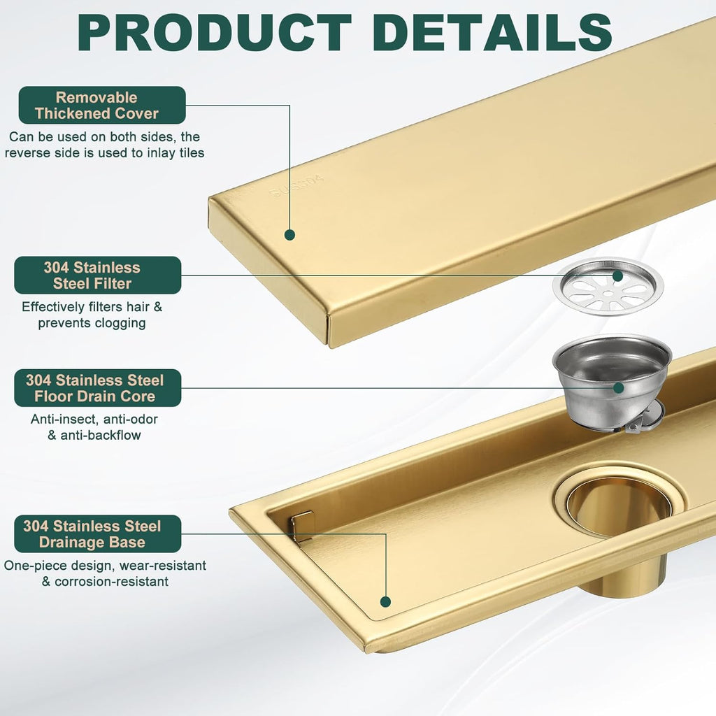 uxcell Rectangular Shower Drain, Brushed 304 Stainless Steel Odor-Proof Floor Drain Linear Shower Drain Hair Catcher for Bathroom Kitchen and Laundry Room(12 Inch, Gold)