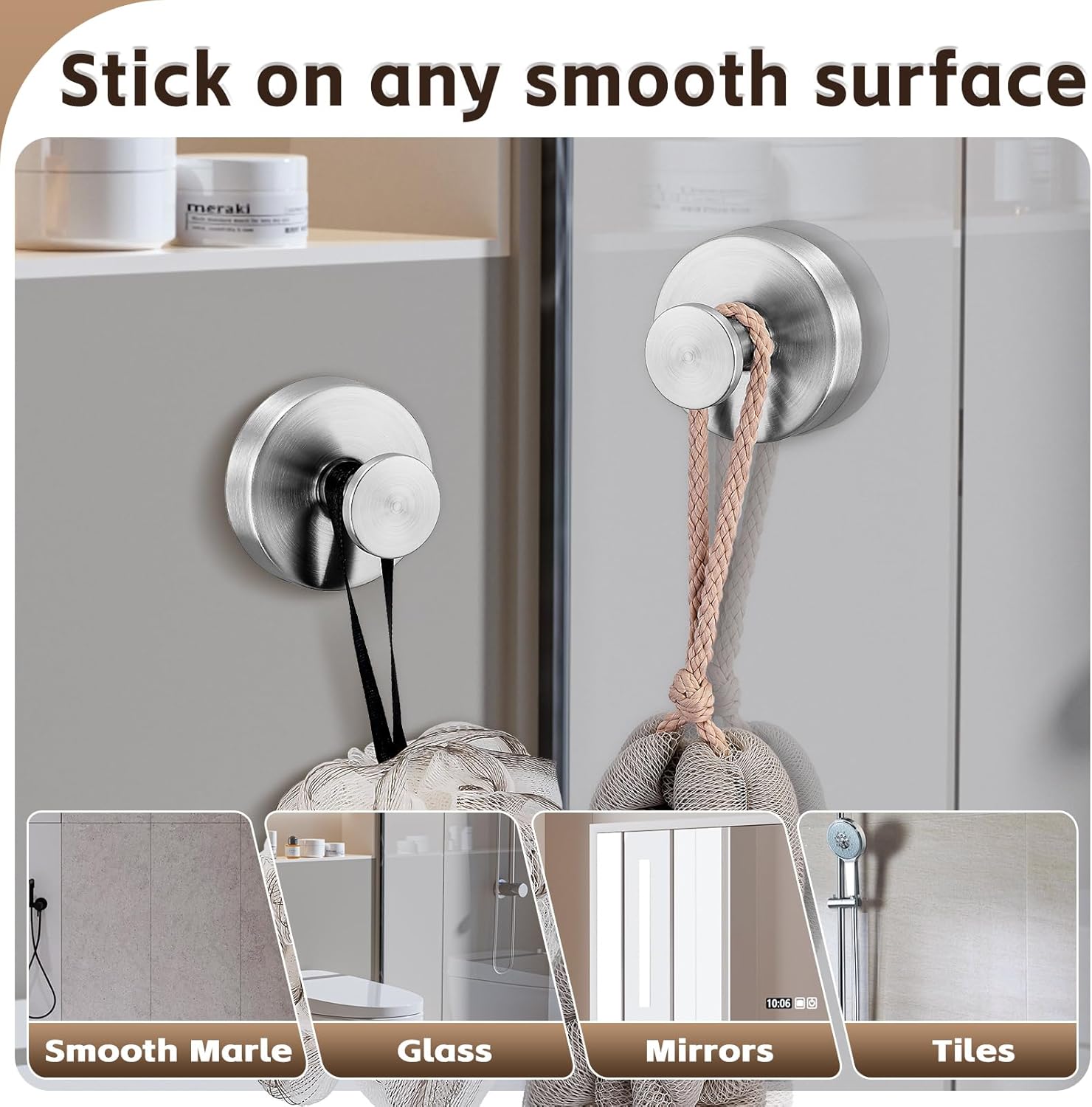 Reusable Heavy Duty Suction Cup Hooks for Kitchen/Bathroom/Shower - Wet-Proof Hooks for Towels, Robes, Loofah&Wreaths/No Drill Mounting on Glass, Tile, Metal (4, Brushed Nickel)