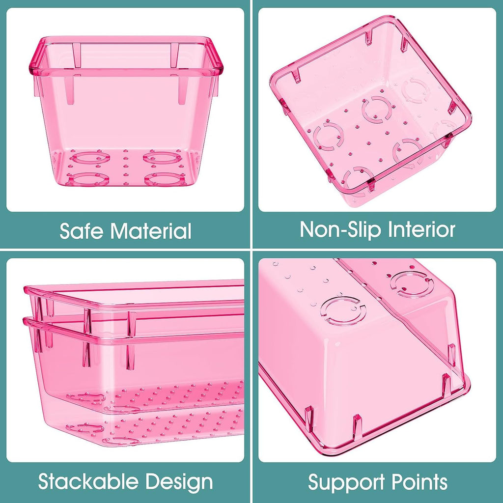 WOWBOX 25 PCS Plastic Drawer Organizer Set, 4 Sizes Desk Drawer Divider Organizers and Storage Bins for Makeup, Jewelry, Gadgets for Kitchen, Bedroom, Bathroom, Office, Clear Pink