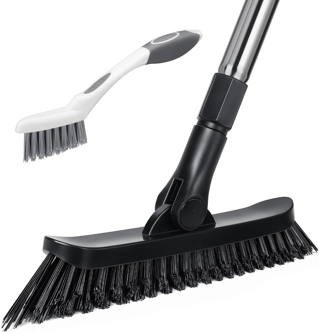 Qaestfy Grout Brush with Long Handle for Cleaning, Stiff Bristles Handheld Tile Scrub Brush, V-Shape Crevice Cleaning Brush for Floor Deep Cleaning