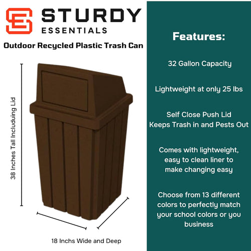 32 Gallon Square Slatted 100% Recycled Plastic Heavy-Duty Commercial Outdoor or Indoor Trash Can with Push Top Lid - Great for Schools and Businesses - Brown Granite